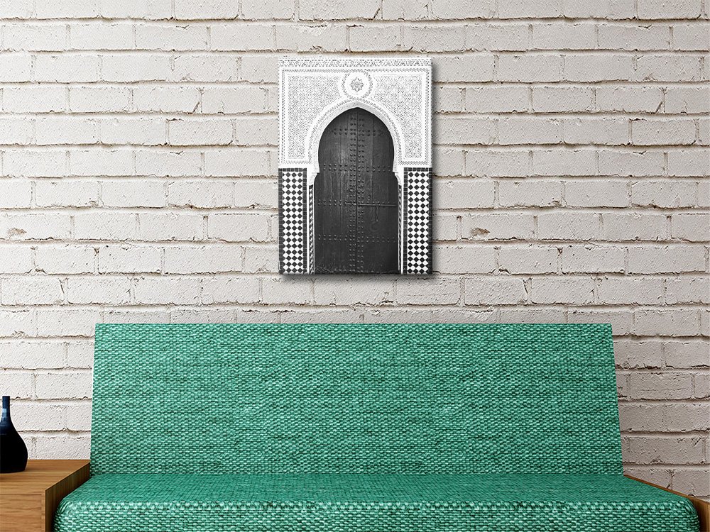 Monochrome Moroccan doorway with carved detailing on canvas artwork
