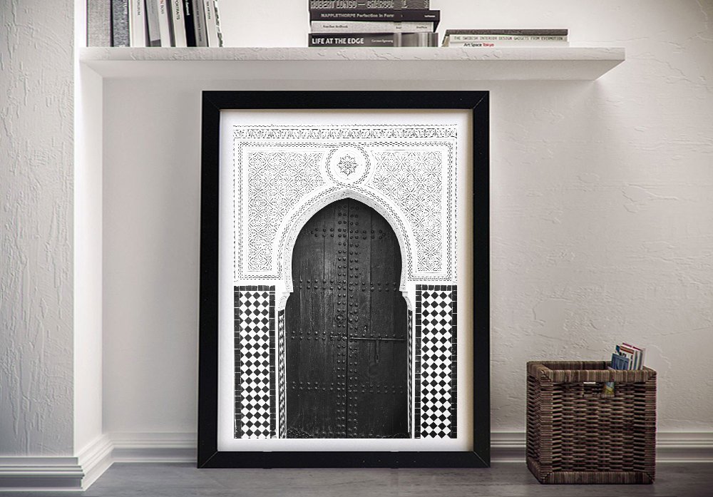 Carved Moroccan entrance archway in black and white framed print