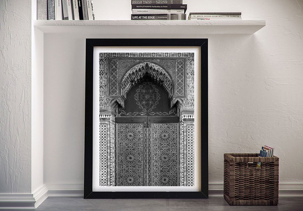 Moroccan doorway framed print in black and white architecture