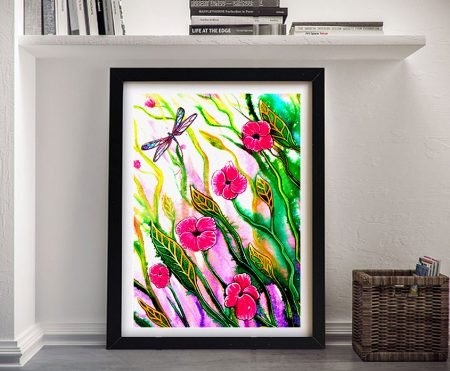 Framed print of spring flowers with a dragonfly