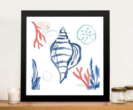Coastal Jewels II Coral Cove framed print with a striped navy watercolour seashell, coral and a sand dollar on white
