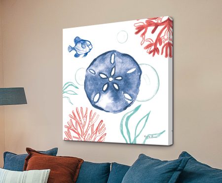 Coastal Jewels IV Coral Cove watercolour with sand dollar and coral in soft blue and sandy tones