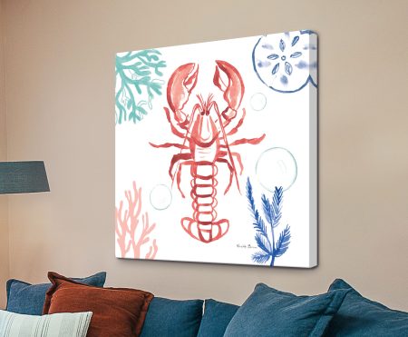 Coastal Jewels VI Coral Cove watercolour lobster in coral and blue tones on a pale ground