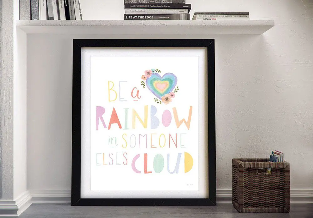 Let's Chase Rainbows pastel quote canvas print — cheerful rainbow typography art print for children's bedroom wall