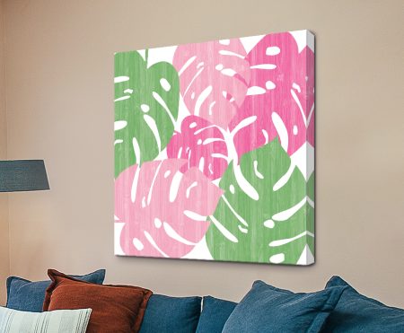 Monstera II in Hot Pink by Becky Thorns, stylised tropical leaves in hot pink, blush and green on white