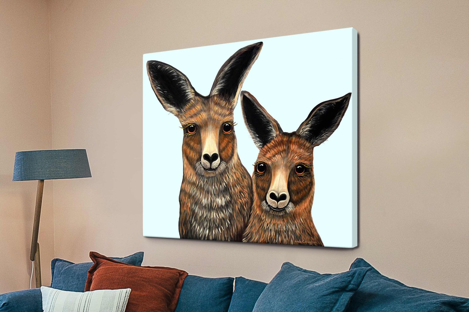 Quirky Kangaroo Couple canvas, characterful pair of kangaroos in playful expressive style