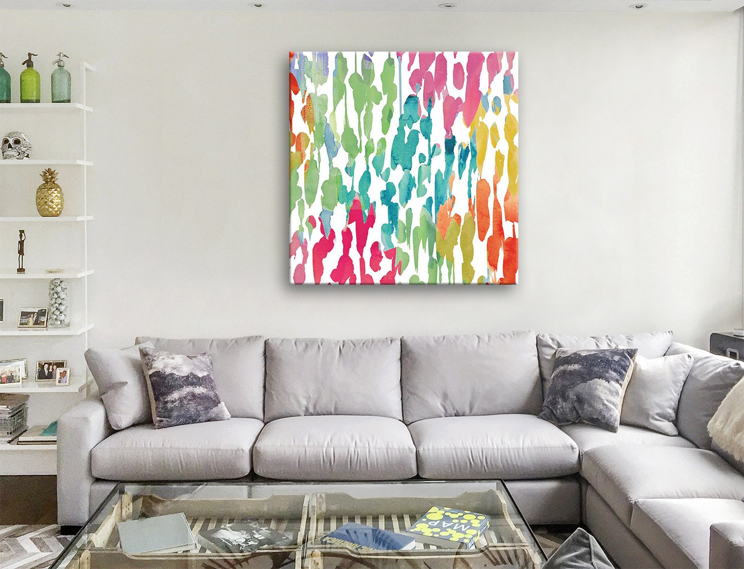 Splashes of Colour abstract watercolour print with vivid pink, green, teal, orange and yellow streaks