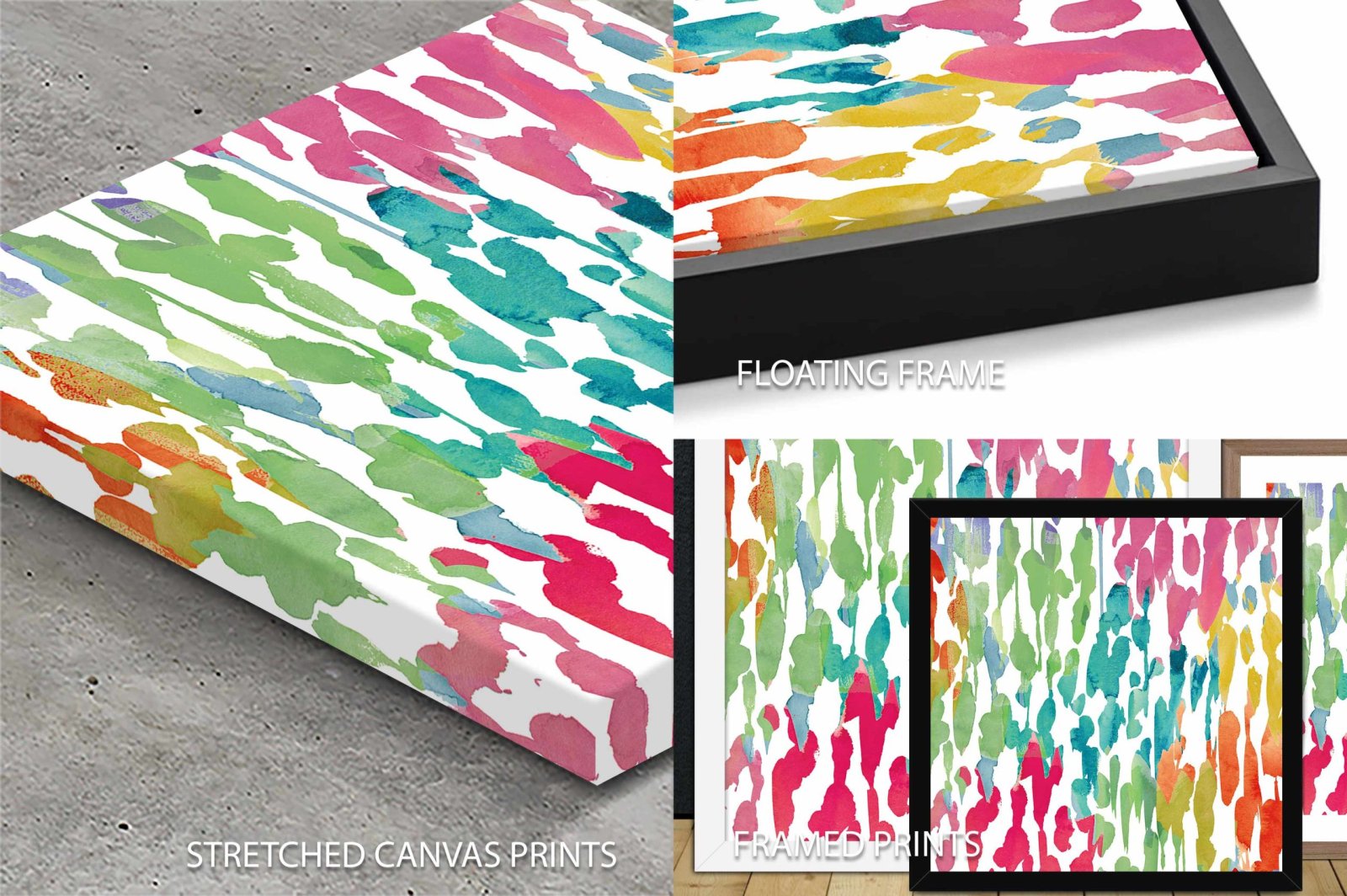 Splashes of Colour watercolour artwork shown as stretched canvas, floating frame and framed print formats with vibrant pink, green and yellow brushstrokes