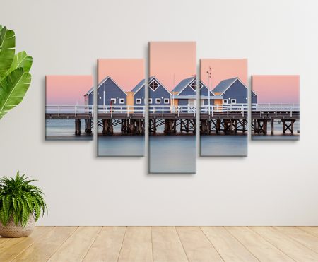 Staggered five panel split print of Busselton Jetty over turquoise shallows