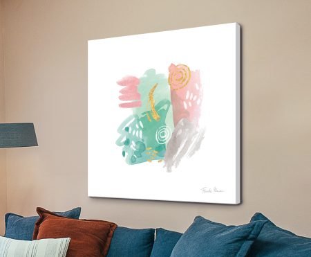 Faridas Abstract I - by Farida Zaman, featuring loose watercolour brushstrokes in pink, mint green, grey