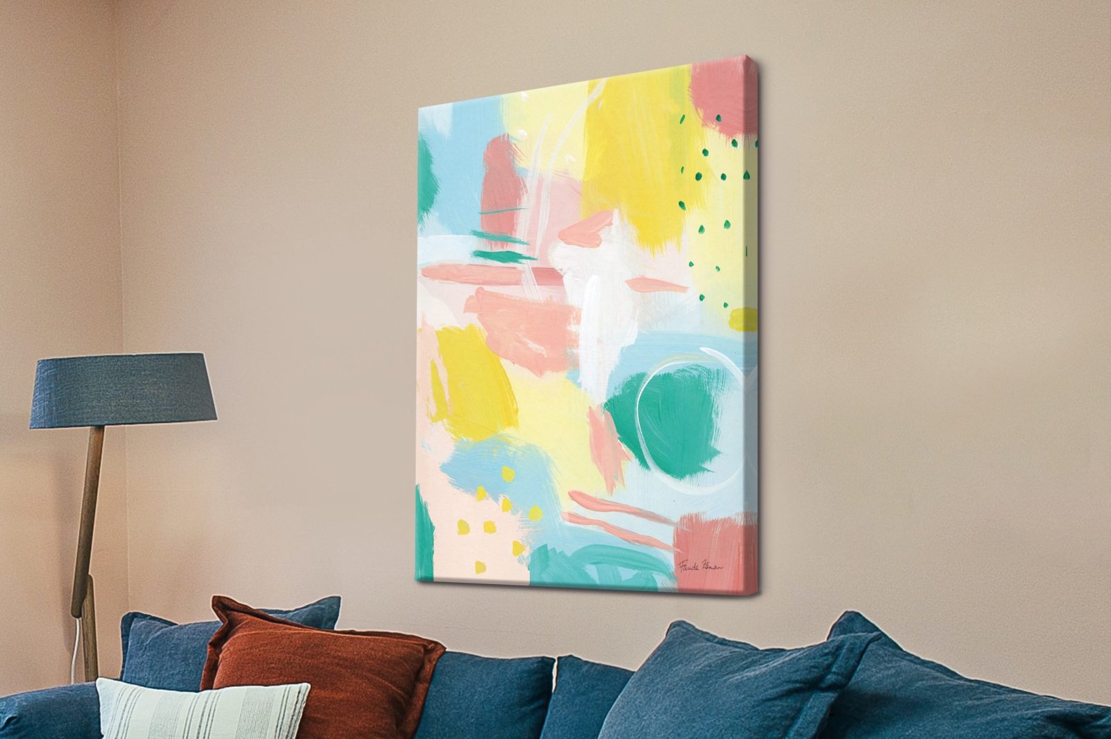 Fresh Face Abstract II - loose brushstrokes in soft pink, sunny yellow, sky blue and emerald green
