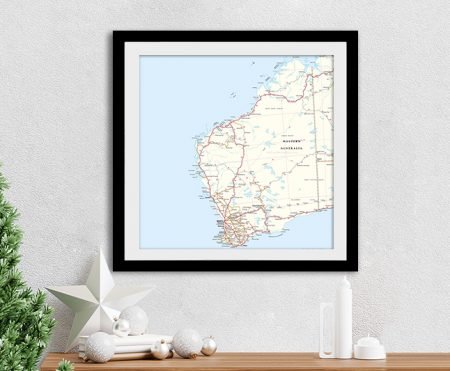 Map of Western Australia framed boardroom wall art highway road network coastline pale blue ocean Christmas styled console