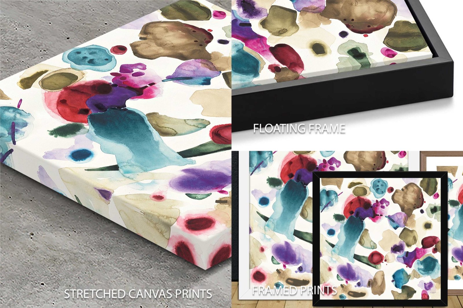 Abstract watercolour artwork What If I by Shirley Novak shown as stretched canvas, floating frame and framed print formats with teal, magenta and olive splashes
