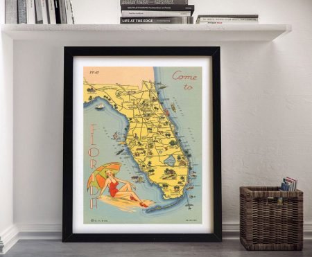 Framed print of a vintage Florida travel postcard design with retro typography