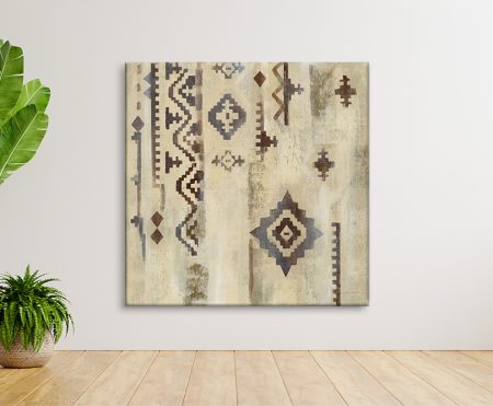 Scandinavian Mood II square canvas print featuring tribal geometric patterns in warm beige, brown and grey tones displayed on white wall