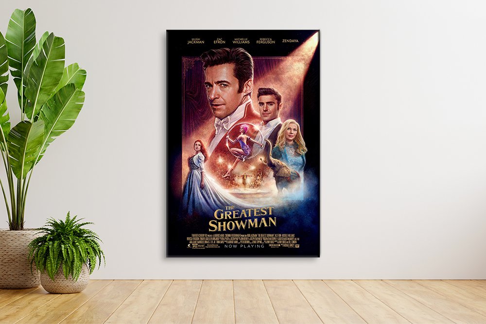 The Greatest Showman canvas print featuring Hugh Jackman and Zac Efron displayed on white wall beside indoor plants