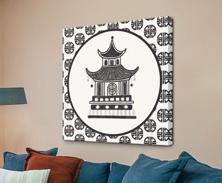 Everyday Chinoiserie VI by Mary Urban - monochrome pagoda illustration within a circle on canvas