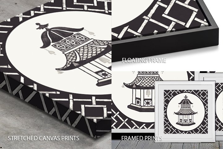 Black and white chinoiserie pagoda artwork in canvas, floating frame and framed print formats