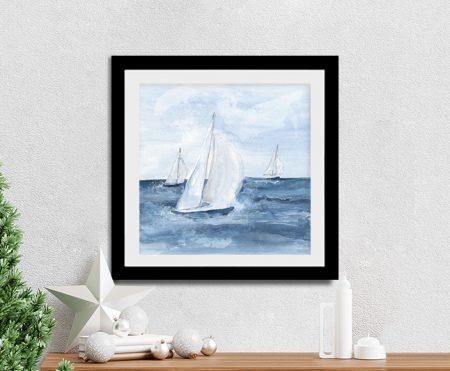 Sailboats V framed print of abstract watercolour sailboats in blue and grey tones