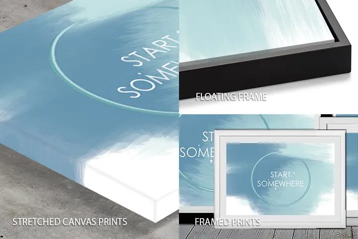 Size guide for the Start Somewhere motivational canvas across the formats produced by our Perth studio.