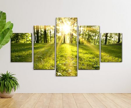 Sunlit Meadows five panel landscape canvas in warm golden tones for a lounge wall