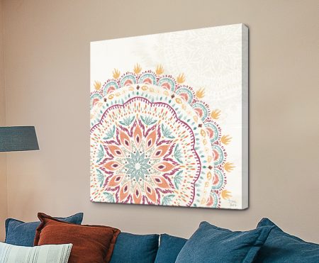 Boho Garden VIII by Dina June, an intricate bohemian mandala in coral, teal, mustard and burgundy on a creamy white ground
