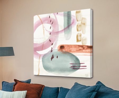 Boho Garden X by Dina June square canvas print with soft pink, sage green and rust watercolour shapes above blue sofa
