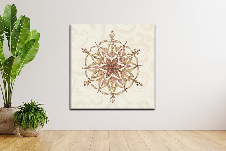 Elegant Season Snowflake II mandala-style snowflake in soft pink, blush and gold tones on canvas