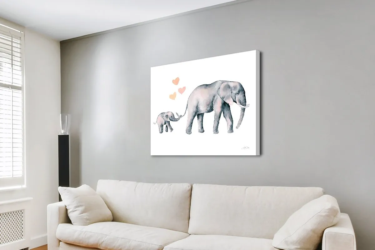 Mother elephant and calf walking together on canvas