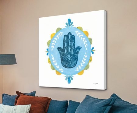 Hamsa Mandala I - folk-style navy hamsa hand with yellow and olive green petals on canvas