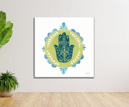 Navy Hamsa hand on a green circular mandala by Courtney Prahl