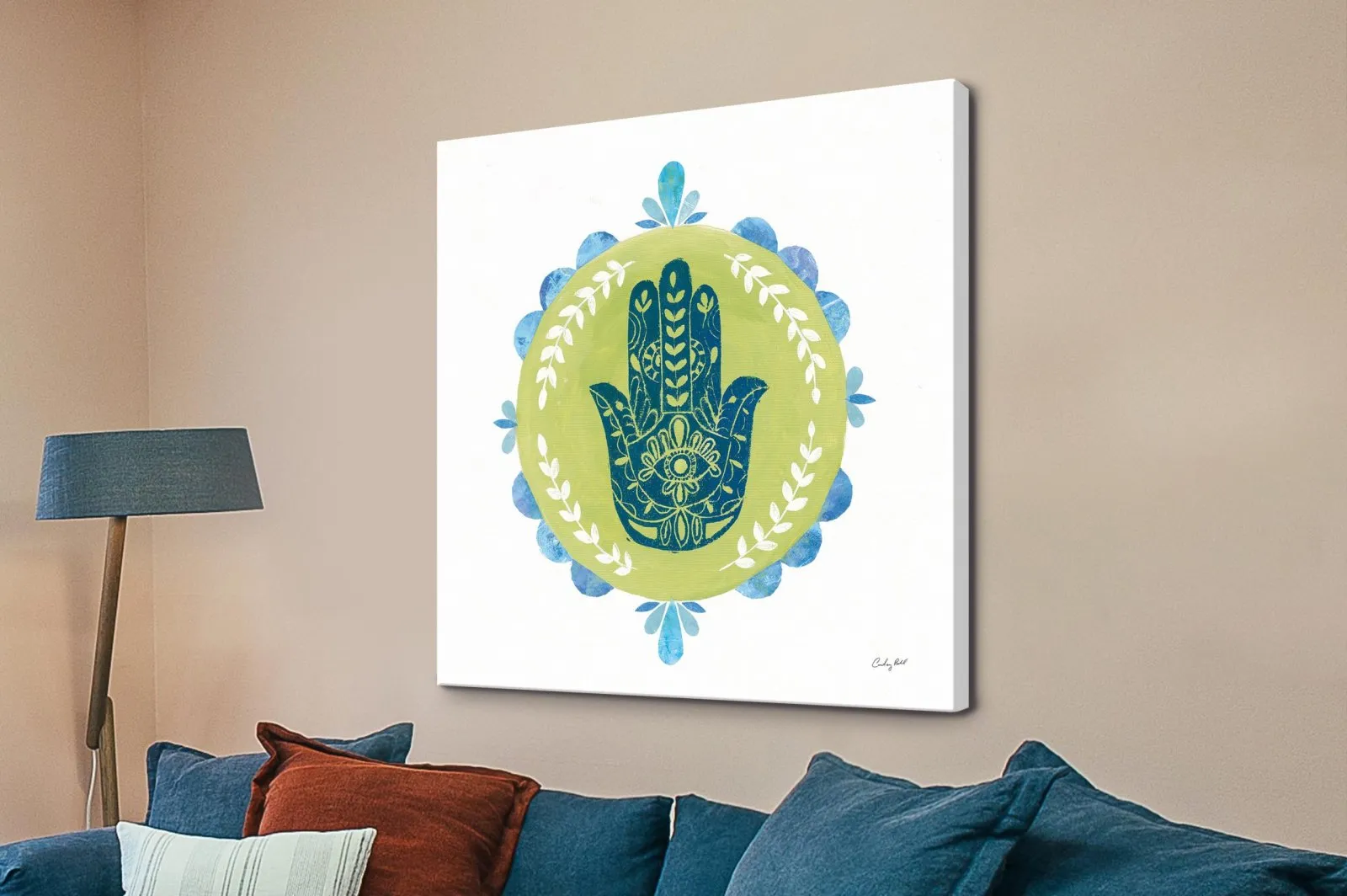 Hamsa Mandala II by Courtney Prahl - folk-art navy hamsa hand set within an ornate mandala
