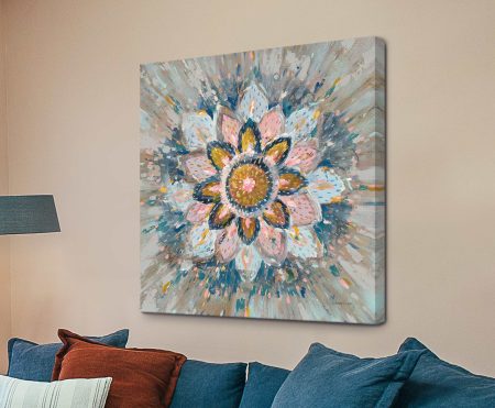 Spice Mandala by Danhui Nai canvas print, a textured floral mandala of soft pink petals, mustard centres and navy accents on beige