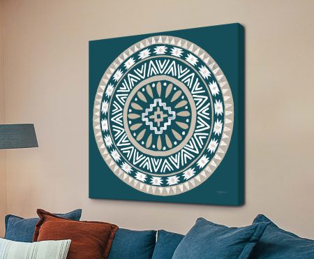 Lovely Llamas Mandala, a circular tribal design in deep teal with soft beige and white geometric motifs