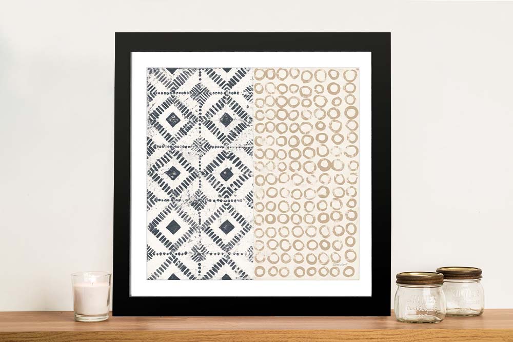 Maki Tile V geometric framed print with navy diamond patterns and beige circles