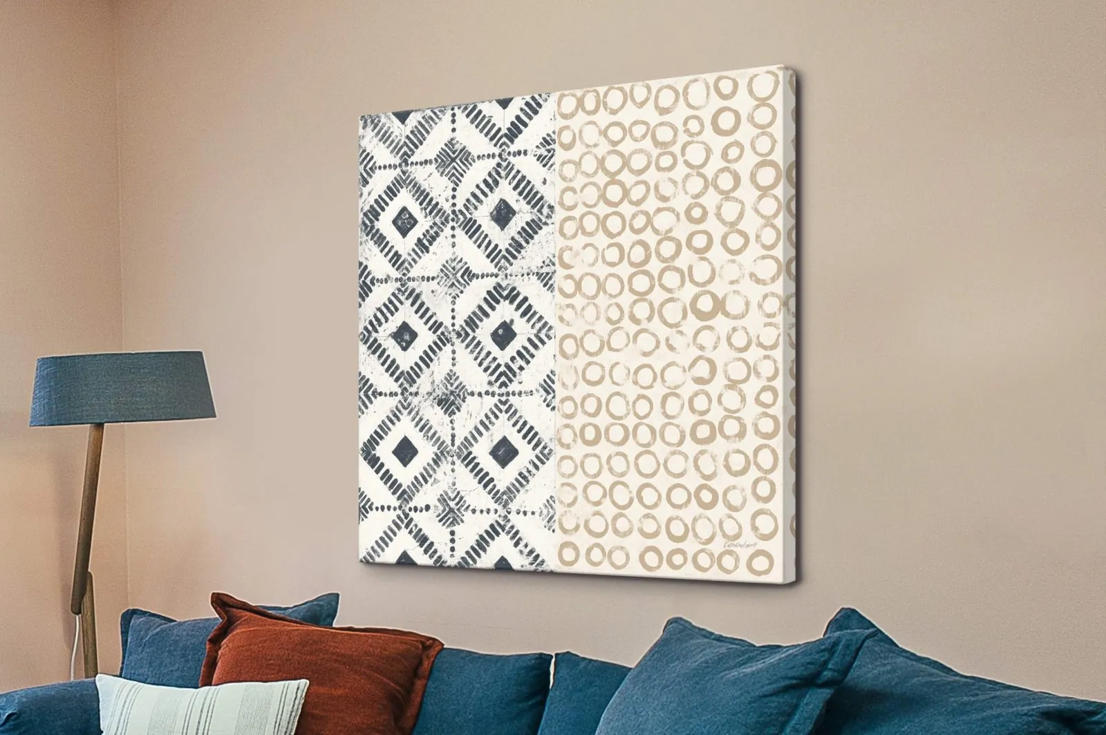 Maki Tile V by Kathrine Lovell, geometric abstract print in white, blue, navy