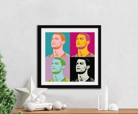 Framed Cristiano Ronaldo Warhol style pop art canvas in bold bright tones for a wall