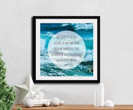 Framed Wild Waves of the Sea bible verse canvas over a dramatic ocean scene