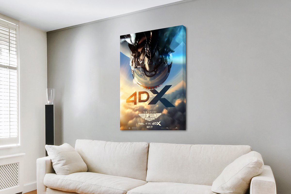 Top Gun Maverick 4DX canvas print featuring Tom Cruise's pilot helmet above clouds, displayed on grey living room wall above cream sofa