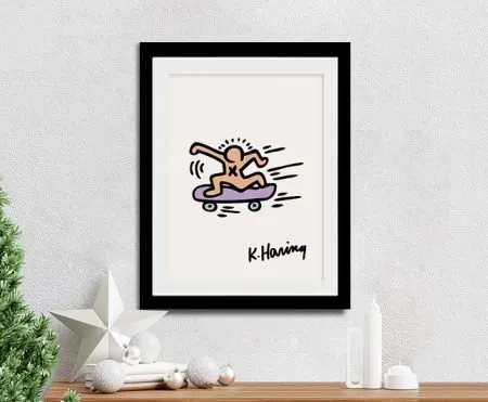 Framed Keith Haring skateboard canvas in bold primary pop art tones for a fun wall