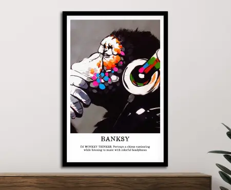 Graphic monkey DJ in a thoughtful Thinker pose, witty club-culture artwork