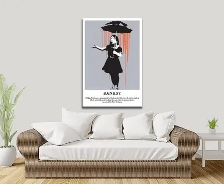 Banksy Nola girl under umbrella with rain falling inside stencil canvas print