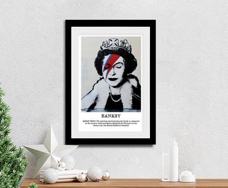 Banksy Queen Ziggy canvas blending royal portrait with a bold Ziggy Stardust flash