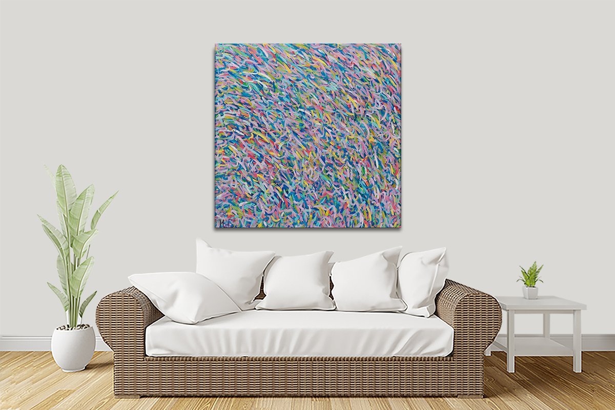 Square canvas of Deep Moving Colours by Helen Joynson, a pastel abstract in pink, blue and green.