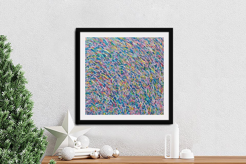 Framed print of Deep Moving Colours by Helen Joynson in pastel pink, blue and green brushstrokes.