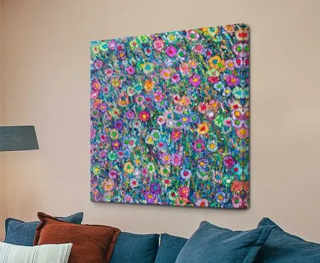 Energy of Happiness - dense impressionist flower field in pink, purple, yellow and turquoise on canvas