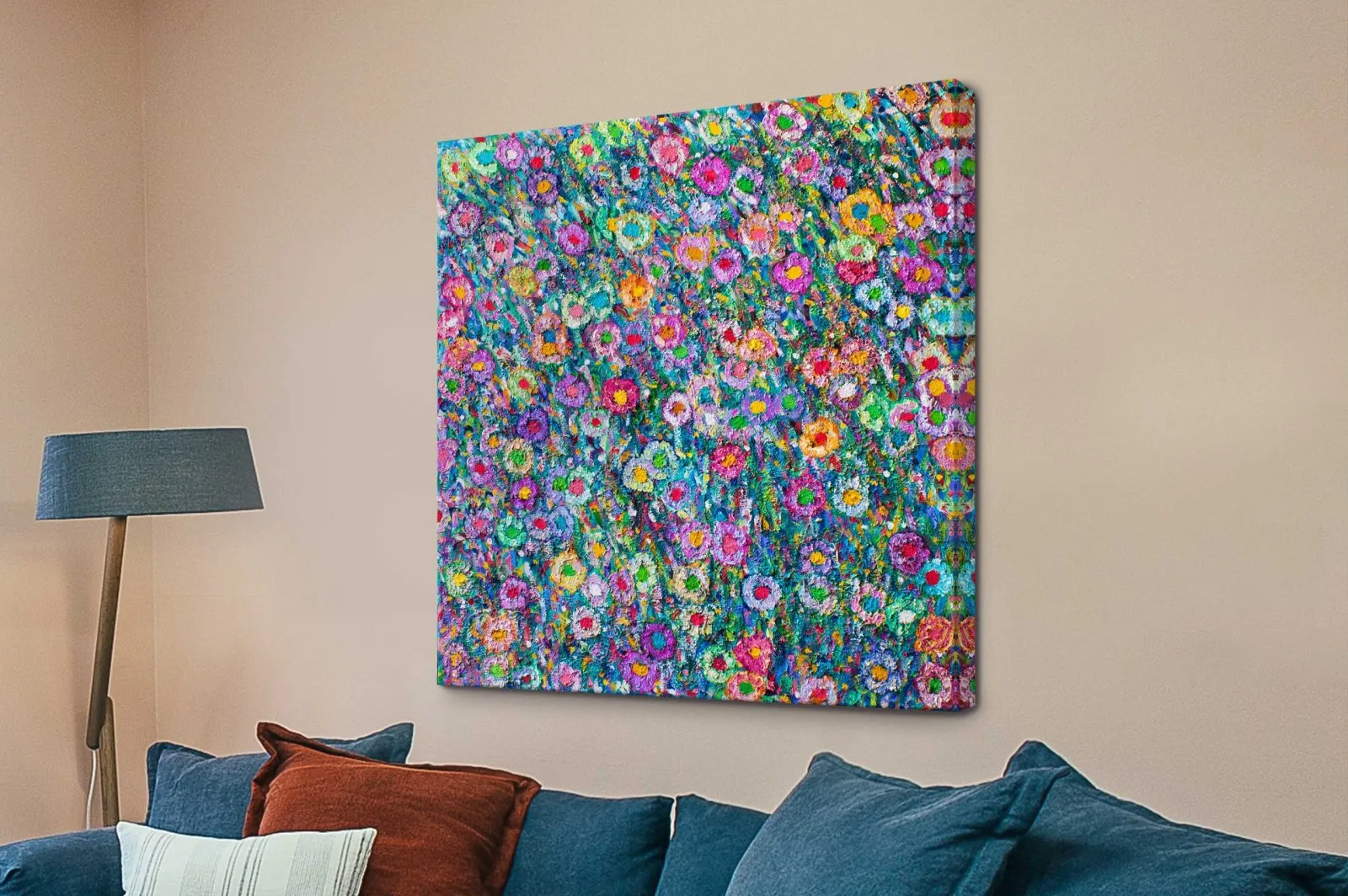Energy of Happiness - dense impressionist flower field in pink, purple, yellow and turquoise on canvas