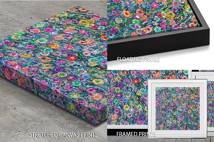 Energy of Happiness vibrant floral artwork shown as stretched canvas, floating frame and framed print format options