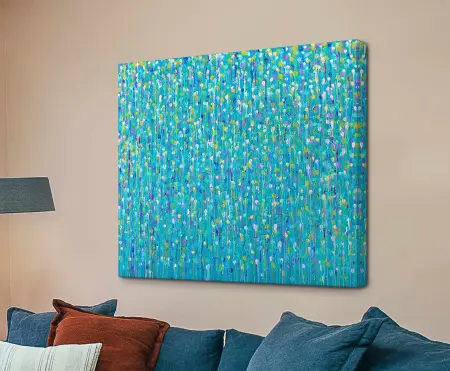 Green Heals Soul by Helen Joynson - abstract drips and dots in turquoise, teal, lime and lilac on canvas