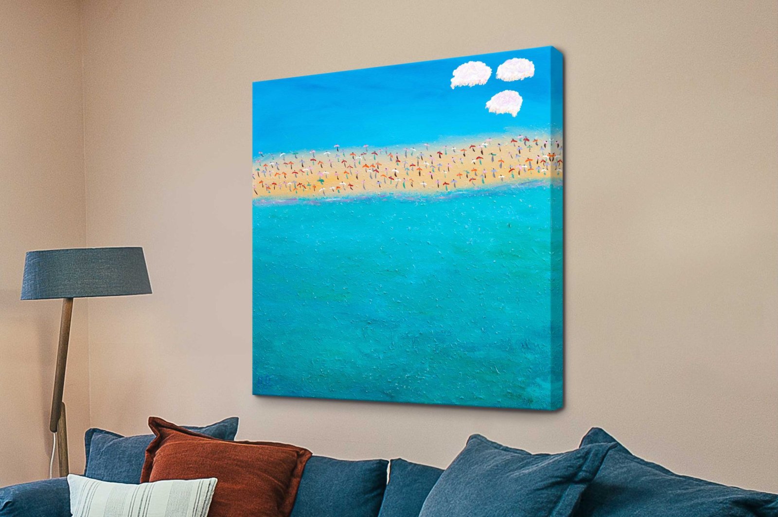 Happy Holidays by Helen Joynson - sunny beach scene with colourful umbrellas and turquoise sea on canvas